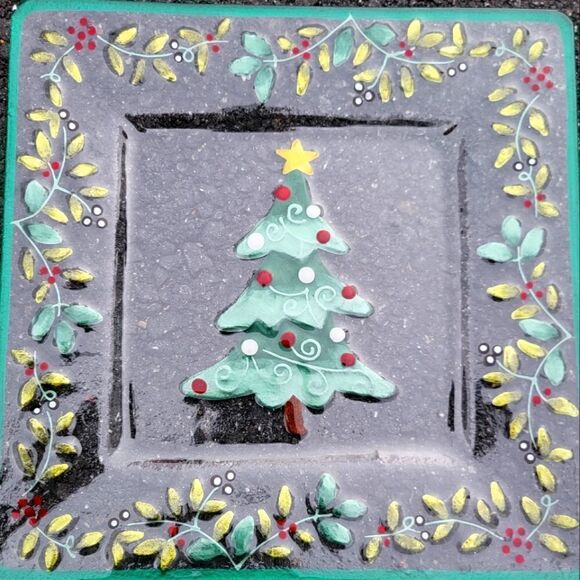 Pfaltzgraff Winterberry Square Glass 13.75" Christmas Tree Platter - Picture 1 of 8